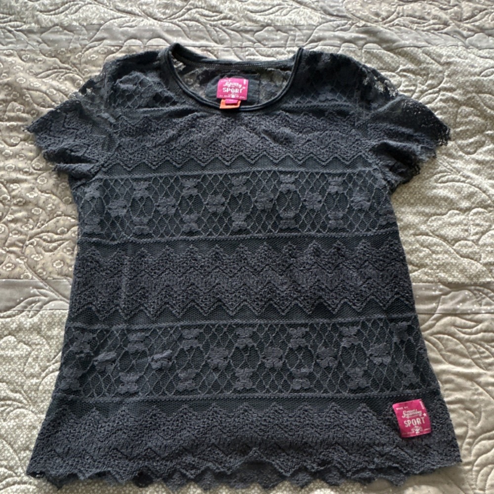 Superdry SPORT Short Sleeve LACE T-Shirt Blue-Grey Crew Neck Sheer Back Size S